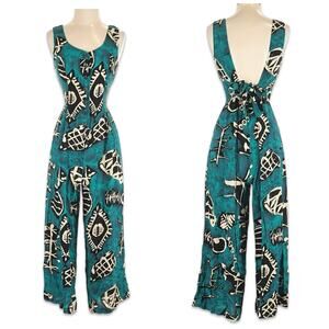 Vintage All That Jazz Abstract Jumpsuit Teal Blue Black Wide Leg Open Tie Back